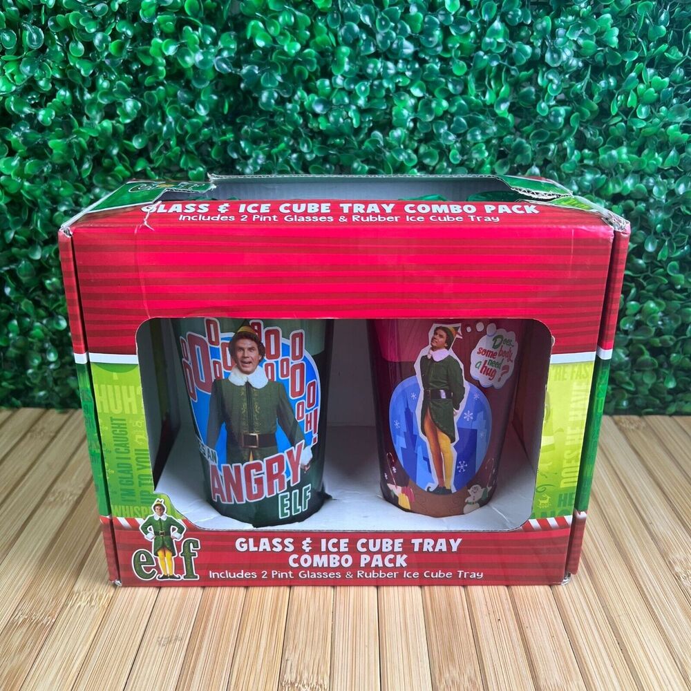 NIB Elf The Movie Glasses & Ice Cube Tray Combo Pack, 2 Pint Glasses